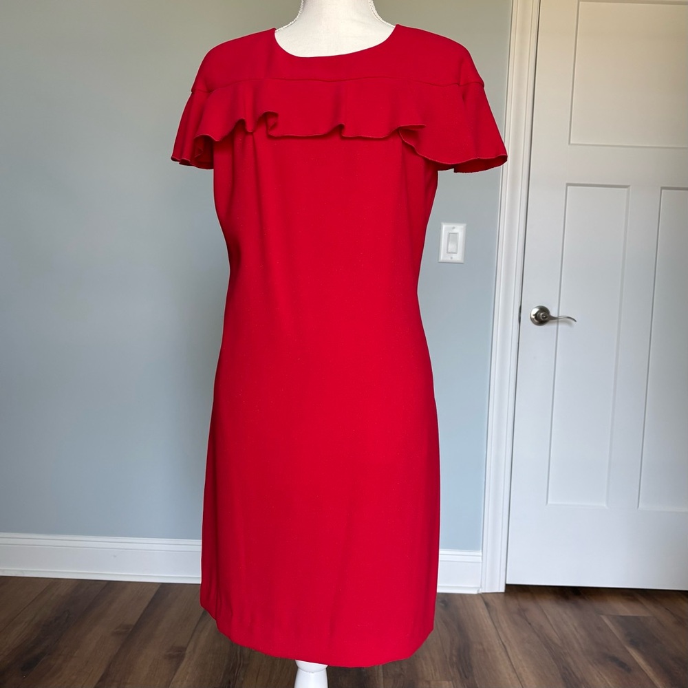 Trina Turk Red Dress Holiday Flutter Sleeve Shimmer Shift Keyhole Cocktail 6